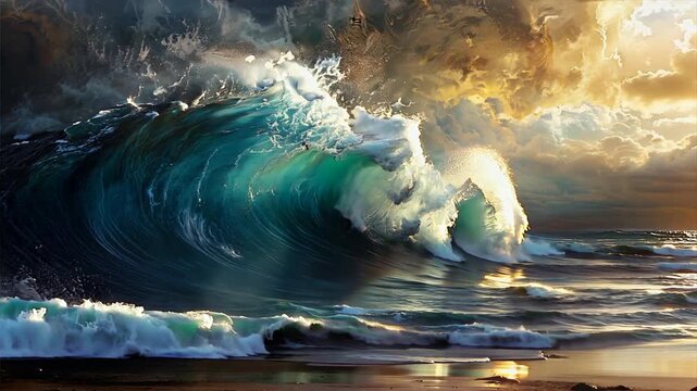 tidal wave approaching the shore, capturing the sheer power of the sea