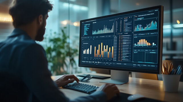 Highly skilled professional data analyst who specializes in advanced data visualization techniques while working at a modern office