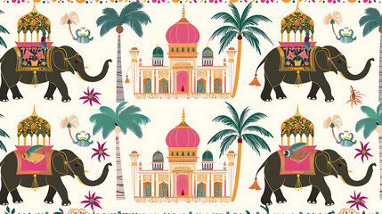 Vibrant Indian elephants and pink palaces create a whimsical, festive, and exotic mood for your next design project. 
