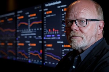 Man in Glasses Looks at Financial Data on Computer Screens