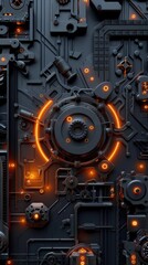 Glowing Orange Lines on a Black, Mechanical Surface