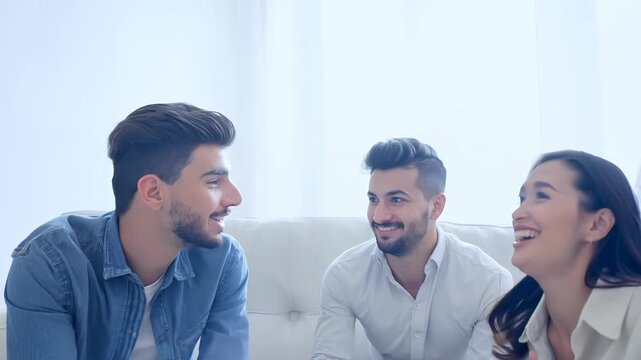 Three young people, two men and one woman, laugh and chat in a bright room