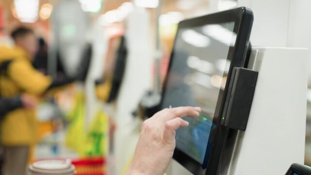 Person interacting with a touchscreen interface on a machine in a busy environment, showing blurry people in the background