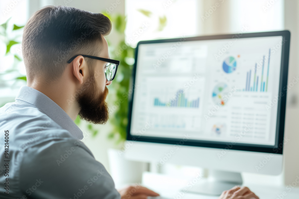 Poster focused and dedicated professional intently analyzing data presented on his computer screen within a
