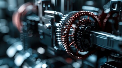 Fototapeta premium Intricate metallic gears and copper coils function inside a complex industrial machine under cool artificial lighting.