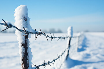 A stunning image of a snow-covered barbed wire fence under a bright blue sky, capturing the peaceful beauty of a winter day.