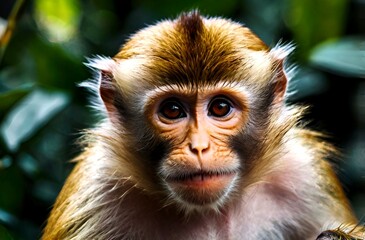 A portrait of a young monkey's face on a tree in the forest