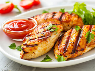 Grilled chicken breast, red sauce, and parsley, a healthy and delicious meal, perfect for a summer barbecue. 
