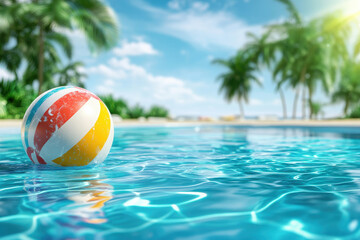 A colorful beach ball floats in the clear waters of a tropical pool, set against the backdrop of palm trees and a bright, sunny sky, symbolizing vacation and leisure.