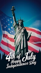 Naklejka premium Celebrate the spirit of freedom with the iconic Statue of Liberty on, USA Independence Day, featuring a patriotic American flag background, perfect for the—4th of July, festivities and celebrations.