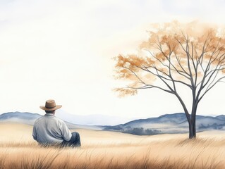 A lone figure sits beneath a tree in a vast field, contemplating the horizon.