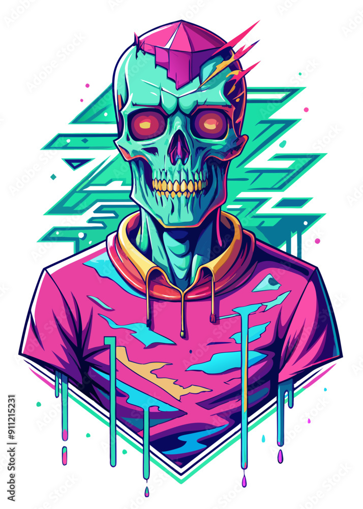 Poster glitch t-shirt design with neon colors vector illustration