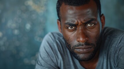 Obraz premium Black man with a pensive or displeased expression featuring a furrowed brow and a slight frown