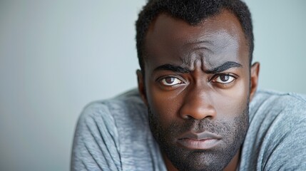 Black man with a pensive or displeased expression featuring a furrowed brow and a slight frown