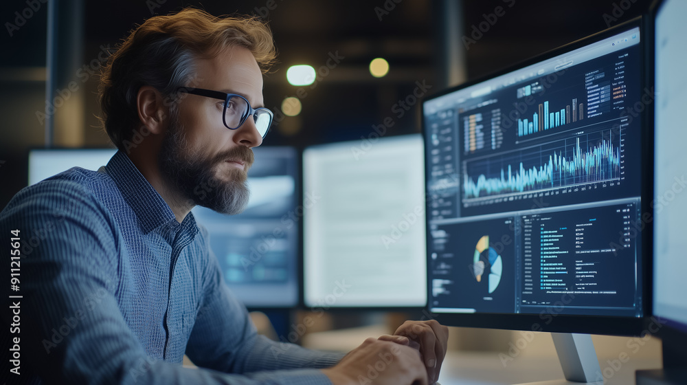Poster focused data analyst is actively reviewing detailed interactive dashboards within a dynamic and mode