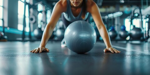 Woman Training with Medicine Ball in Gym. Generative ai