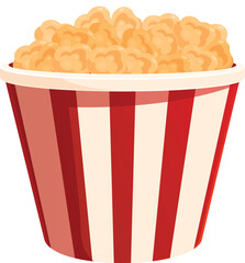 Red and white striped cardboard bucket is overflowing with delicious and buttery popcorn