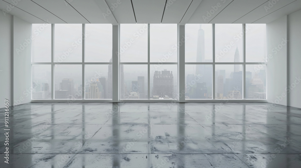 Wall mural interior with concrete floor and big windows overlooking a foggy city