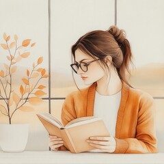 Obraz premium Woman in a cozy cardigan reading a book by a window.
