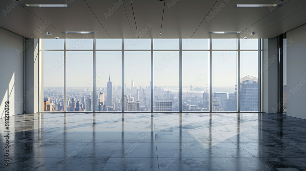 Aufkleber sunlight streaming through large windows illuminating an empty modern open plan office overlooking n