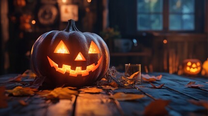 Glowing Halloween pumpkins with carved faces against a blurred lights background on an old wooden table