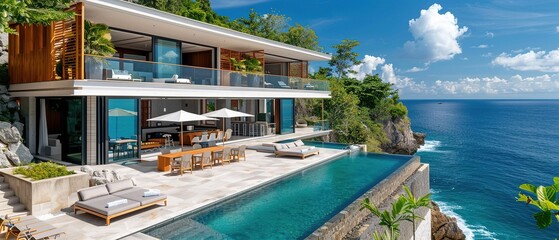 A large house with a pool and a beach view