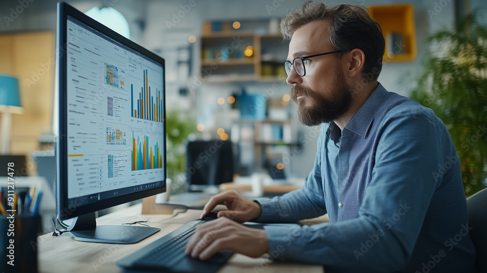 Poster focused and dedicated professional intently analyzing data presented on his computer screen within a
