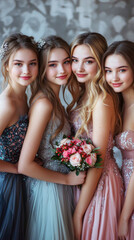 Obraz premium Four young women are posing for a picture, wedding day