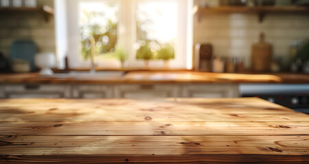 Empty old wooden table with kitchen in background