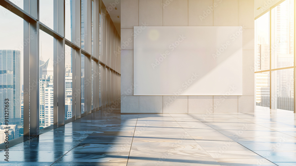 Poster sunlit empty office lobby with a big blank frame on a wall, perfect for your advertisement