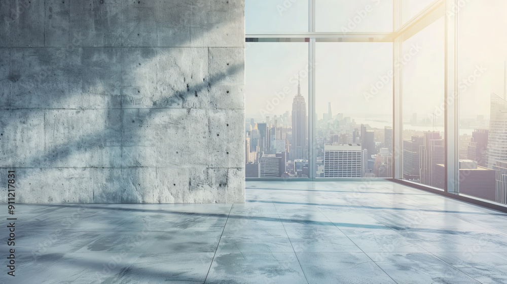 Leinwandbilder sun shining through large windows in an empty office with concrete walls and a view of the new york 