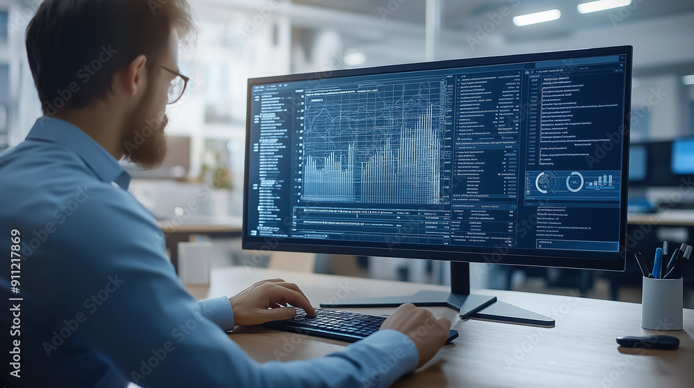 Poster focused data analyst is actively reviewing detailed interactive dashboards within a dynamic and mode