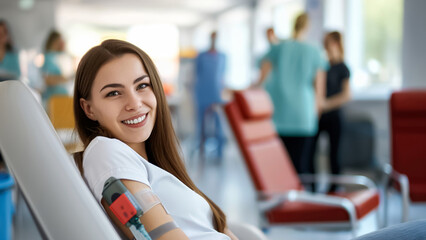 A woman joyfully donates blood at a medical center surrounded by attentive healthcare staff, demonstrating dedication to aid and care for others