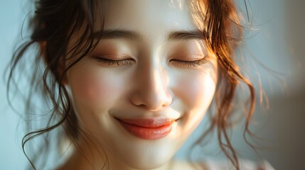Fototapeta premium Beautiful smiled korea woman with closed eyes and a facial expression of pleasure, veneer white teeth