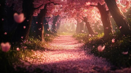 Enchanting path through a Sakura forest with petals on the ground