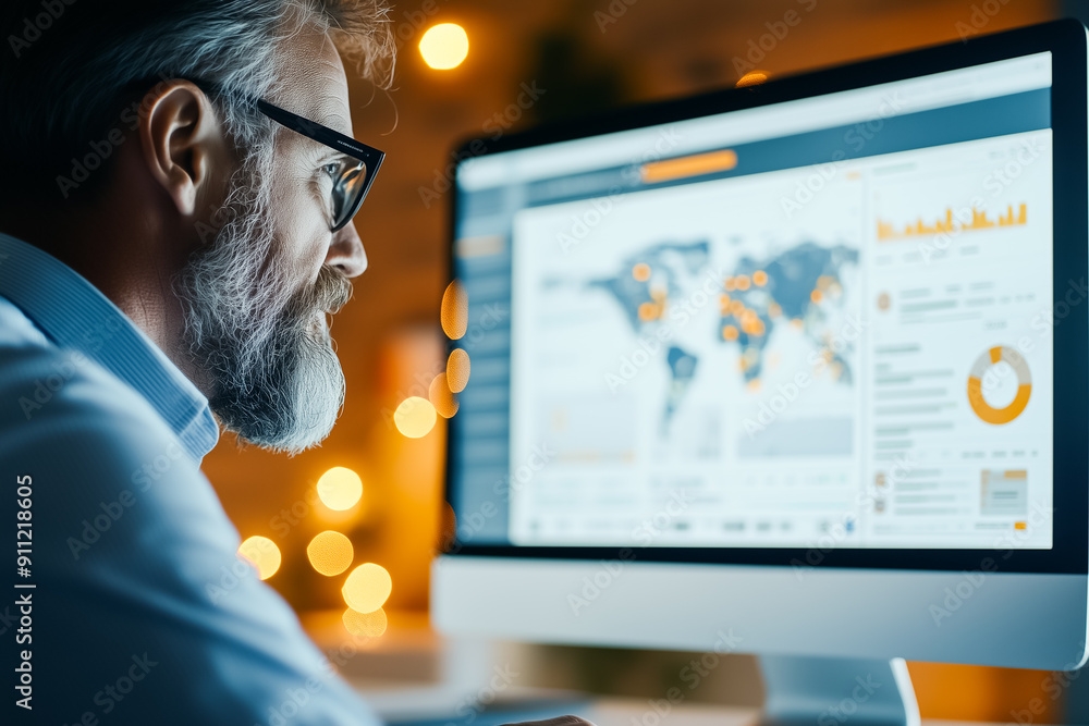 Poster focused and dedicated professional intently analyzing data presented on his computer screen within a