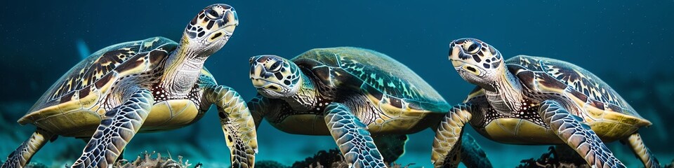 Group of turtles nesting underwater, blue tones, serene marine life cycle