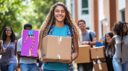 A group of excited students and their parents arriving at a college campus, carrying boxes and suitcases into dorm rooms, with vibrant banners and welcoming signs, symbolizing the beginning of a new