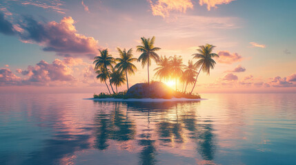 A serene image of a small tropical island with palm trees, surrounded by water, as the sun sets on the horizon, casting a beautiful reflection and golden light.