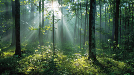 Serene Forest with Sunlight Filtering Through Dense Green Foliage and Dappled Shadows on Forest Floor