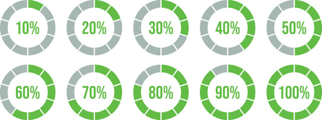 Percentage of infographics in sky blue. Circle load and circle progress collection. Set of circle percentage diagrams for infographics 0 10 20 20 30 40 50 60 60 70 80 90 100 percent in green.