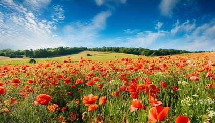 A vibrant scene of a field of poppies under a bright blue sky. Generative AI