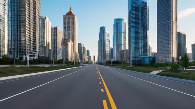 empty asphalt road of a modern city with skyscrapers created with Generative AI	