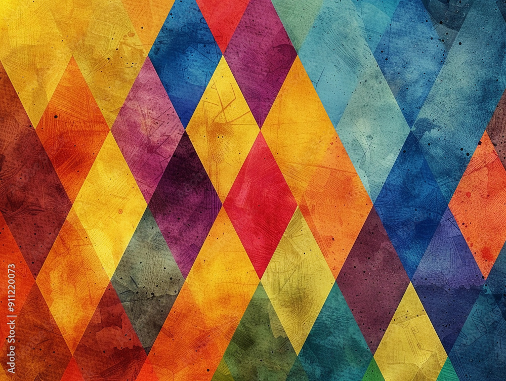 Poster vibrant geometric patterns in multiple colors on a textured background