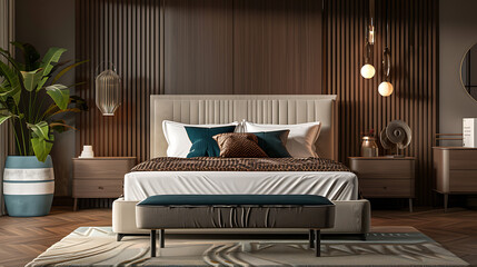 Luxurious bedroom interior with a brown and teal color scheme, showcasing modern design and comfort for a relaxing retreat. 

