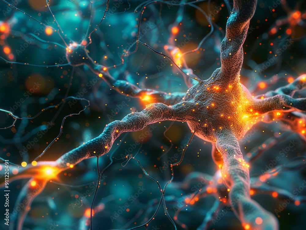 Poster intricate nerve cell structure exhibiting brightly illuminated connections and synapses under a micr