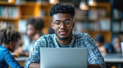A young African American teacher working online on a laptop in a modern classroom, with students in the background engaged in their own digital tasks, highlighting the integration of technology and