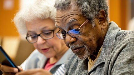 An elderly couple attending a community center class, learning how to use digital devices, the instructor patiently assisting them, showcasing the importance of digital literacy and community support