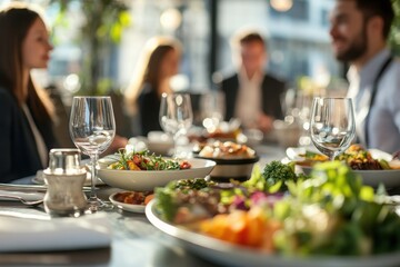 Colleagues enjoy a formal dinner meeting at a beautifully lit restaurant, engaging in conversation and savoring gourmet dishes.