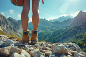 Low angle back view of female hiker legs standing on rocky mountain trail with stunning alpine peaks in background, evoking feeling of freedom and adventure, copy space